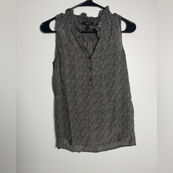J. Crew Tops - J.Crew Black White Sleeveless Blouse Ruffle Neck Button Front